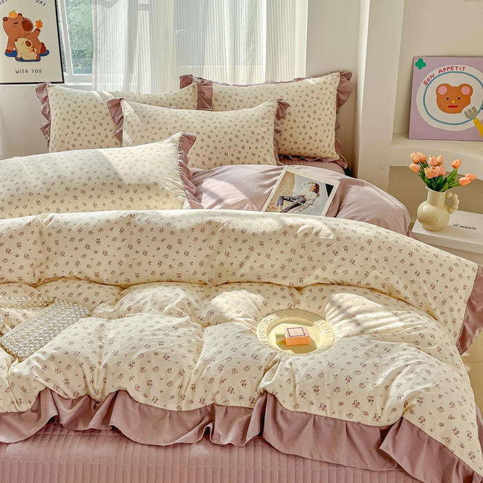 91家纺网 家纺一手货源 找家纺 斯卡诺家纺 2026新款韩版花边古法水洗仿棉床盖四件套花边床单四件套 小夜曲紫-韩版花边