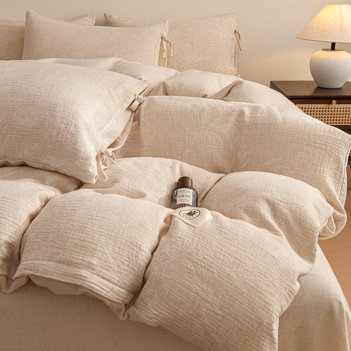 91家纺网 家纺一手货源 找家纺 KA家纺 2026春夏新品色织提花棉麻四件套  系带款 系带-风吟