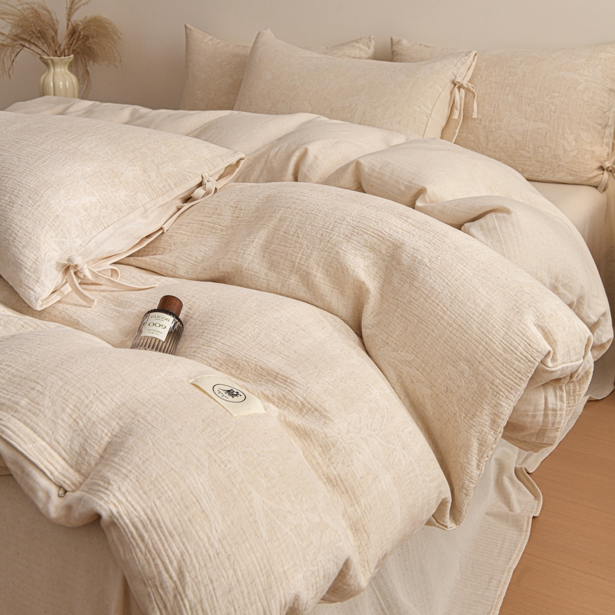 91家纺网 家纺一手货源 找家纺 KA家纺 2026春夏新品色织提花棉麻四件套  系带款 系带-风吟