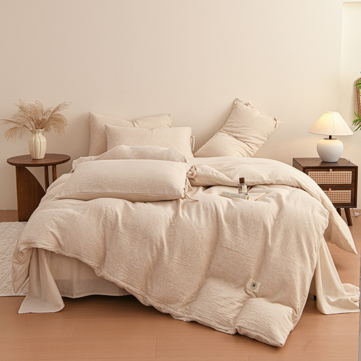 91家纺网 家纺一手货源 找家纺 KA家纺 2026春夏新品色织提花棉麻四件套  系带款 系带-缕素