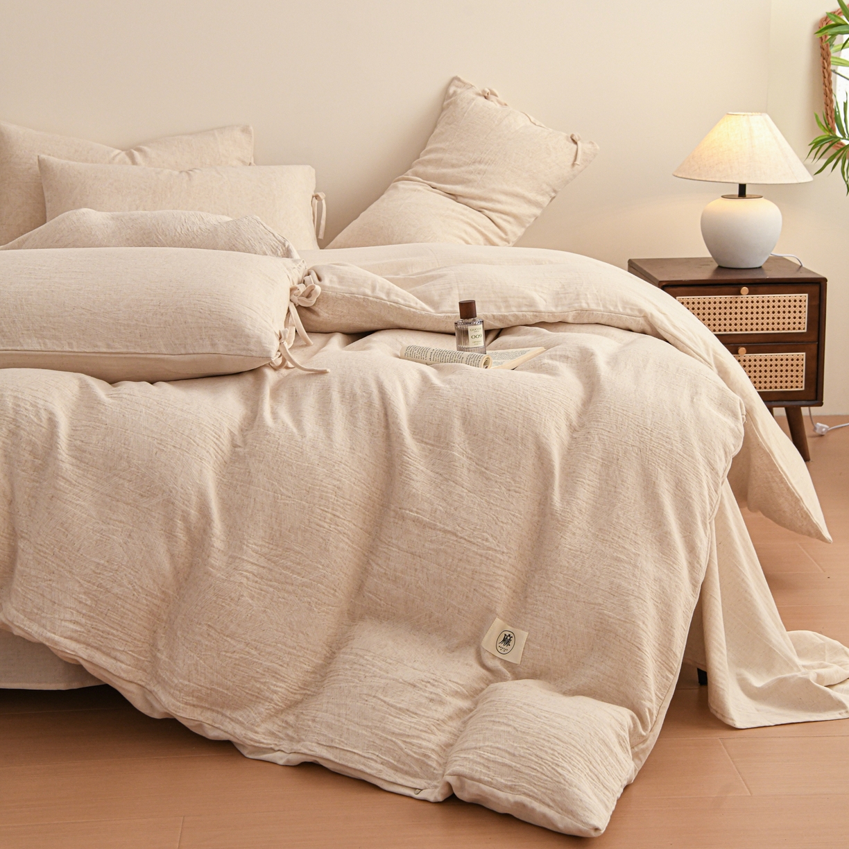 91家纺网 家纺一手货源 找家纺 KA家纺 2026春夏新品色织提花棉麻四件套  系带款 系带-缕素