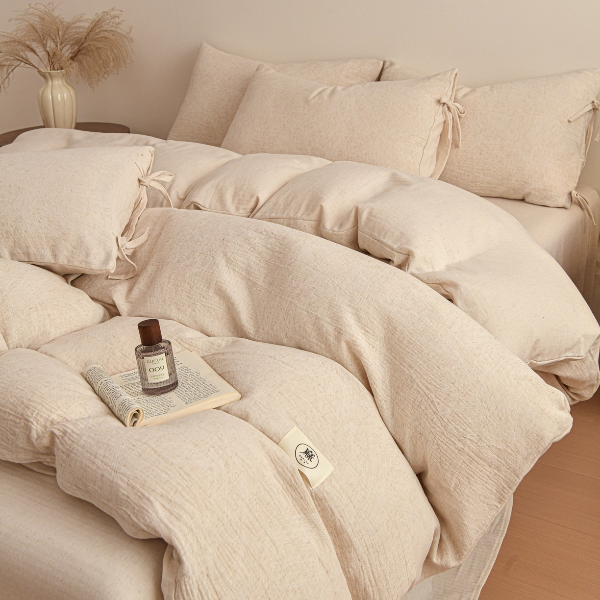 91家纺网 家纺一手货源 找家纺 KA家纺 2026春夏新品色织提花棉麻四件套  系带款 系带-缕素