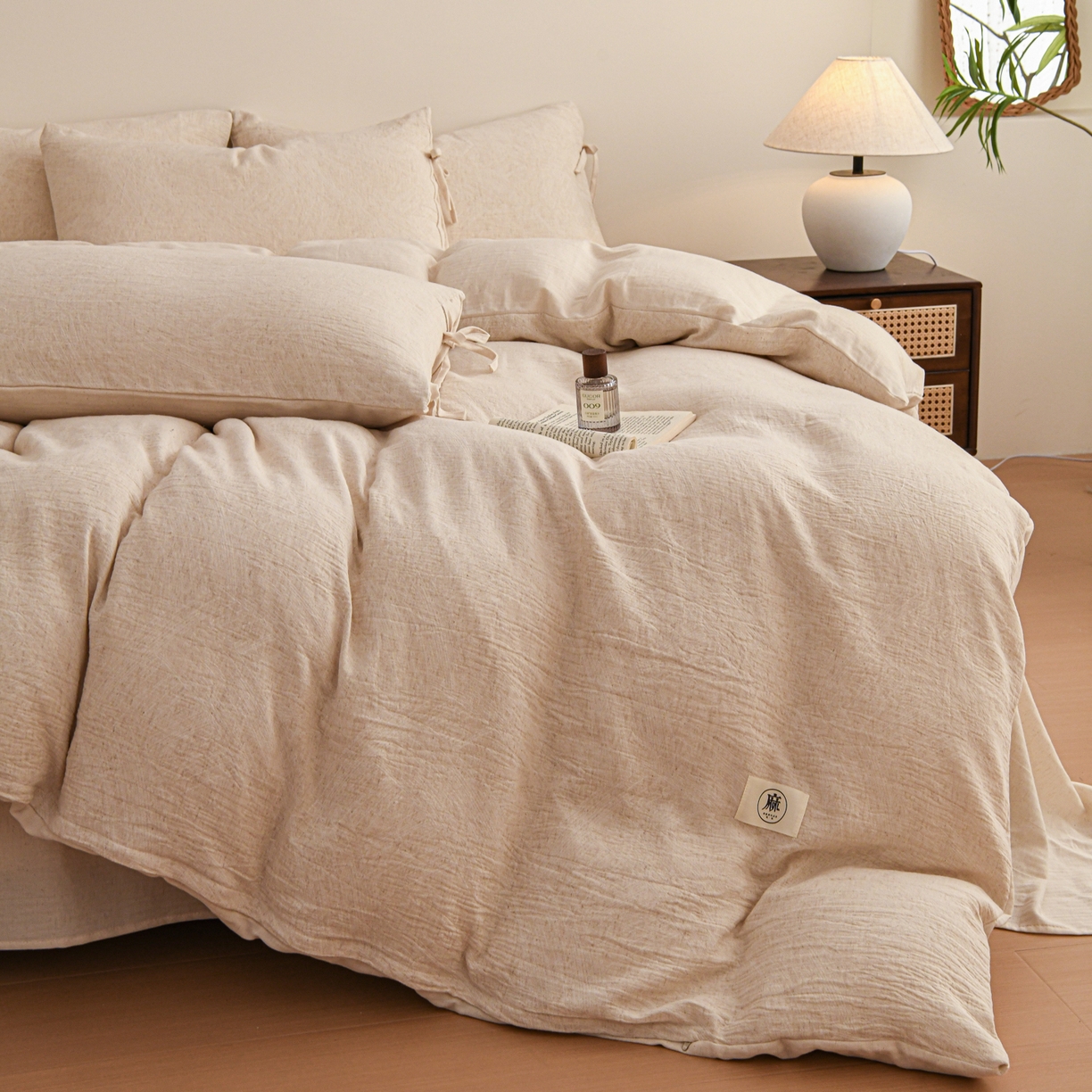 91家纺网 家纺一手货源 找家纺 KA家纺 2026春夏新品色织提花棉麻四件套  系带款 系带-缕素