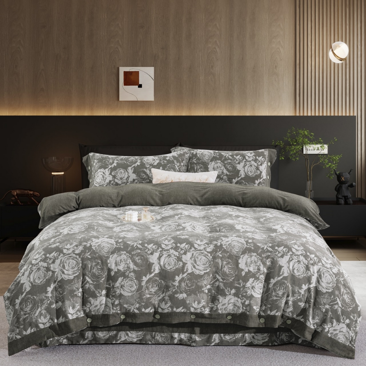 91家纺网 家纺一手货源 找家纺 双层纱家居 2026新款全棉纯棉色织提花纽扣款四件套-玫瑰庄园 玫瑰庄园-绿