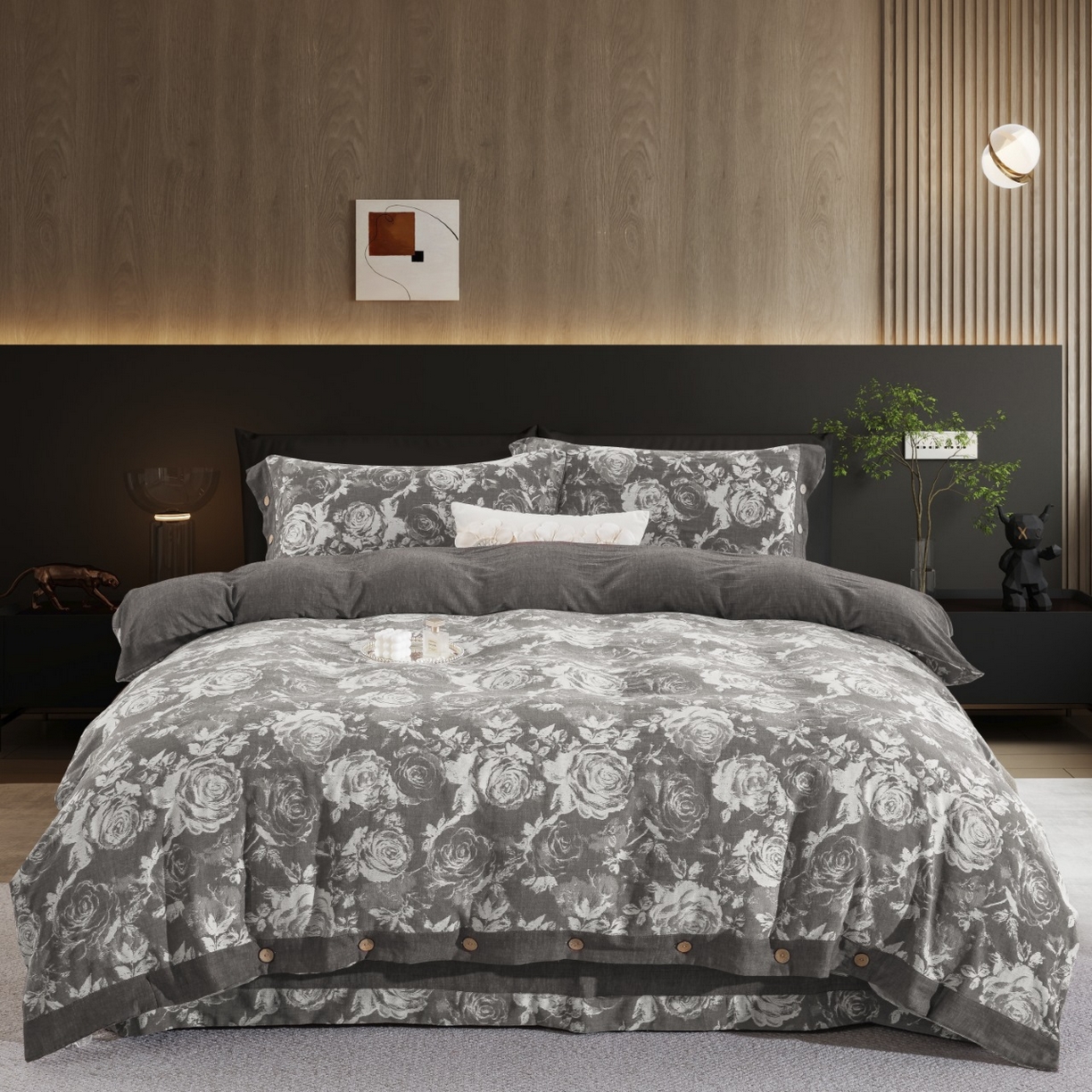 双层纱家居 2026新款全棉纯棉色织提花纽扣款四件套-玫瑰庄园 玫瑰庄园-灰