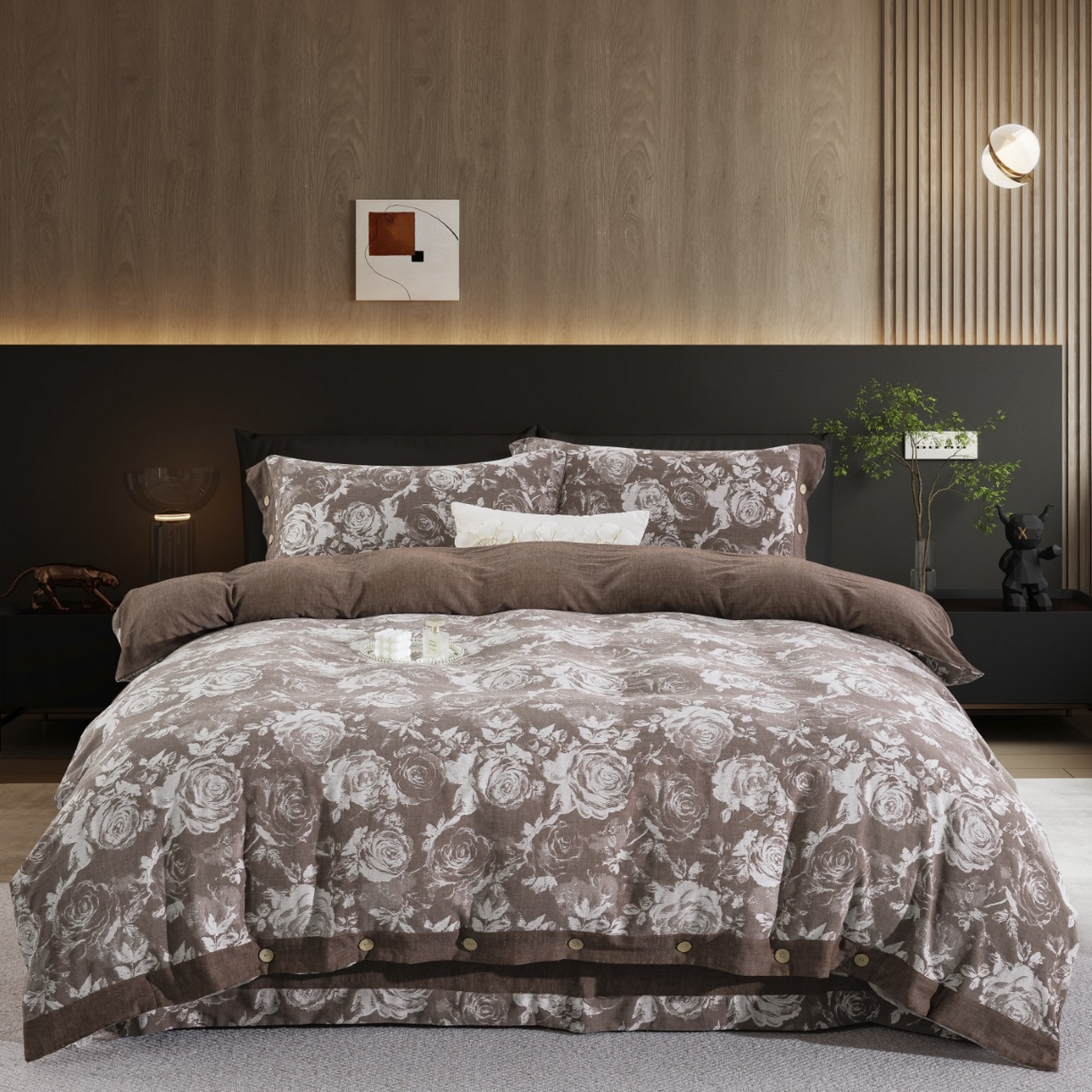 双层纱家居 2026新款全棉纯棉色织提花纽扣款四件套-玫瑰庄园 玫瑰庄园-咖