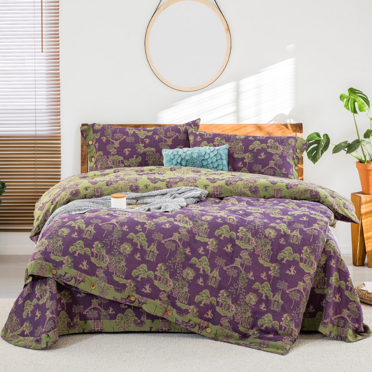 双层纱家居 2026新款森林庭院全棉纯棉色织提花纽扣款四件套 森林庭院-紫