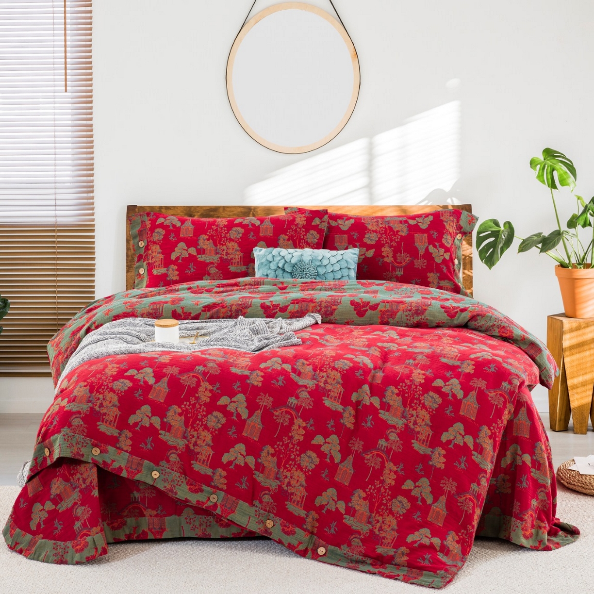 双层纱家居 2026新款森林庭院全棉纯棉色织提花纽扣款四件套 森林庭院-正红