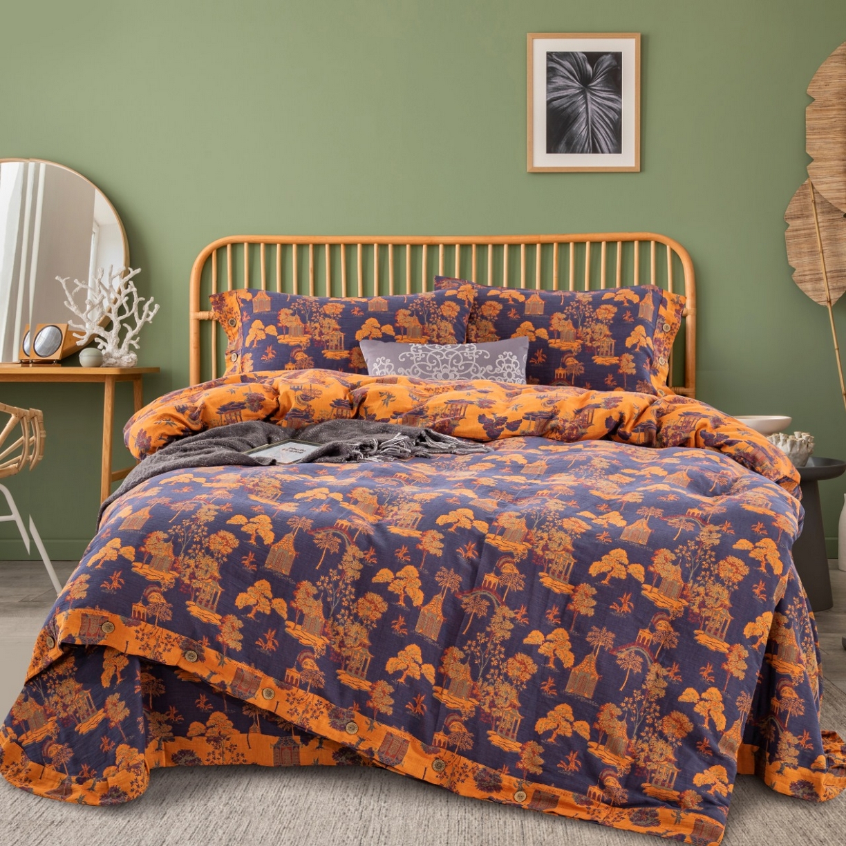 双层纱家居 2026新款森林庭院全棉纯棉色织提花纽扣款四件套 森林庭院-藏青