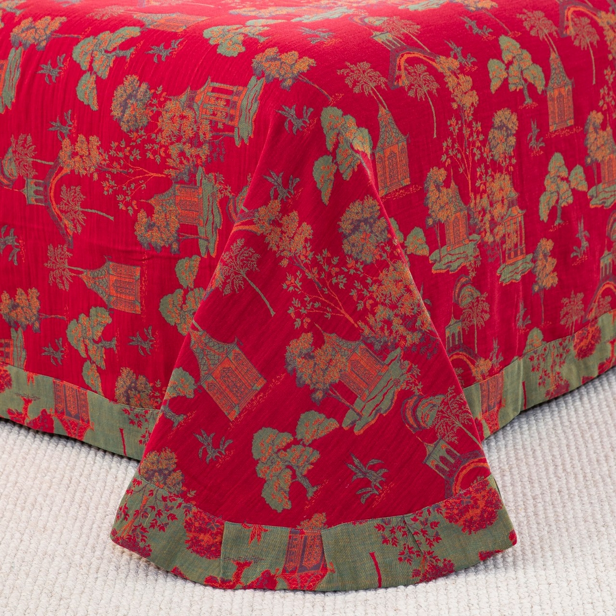 91家纺网 家纺一手货源 找家纺 双层纱家居 2026新款森林庭院全棉纯棉色织提花纽扣款四件套 森林庭院-正红