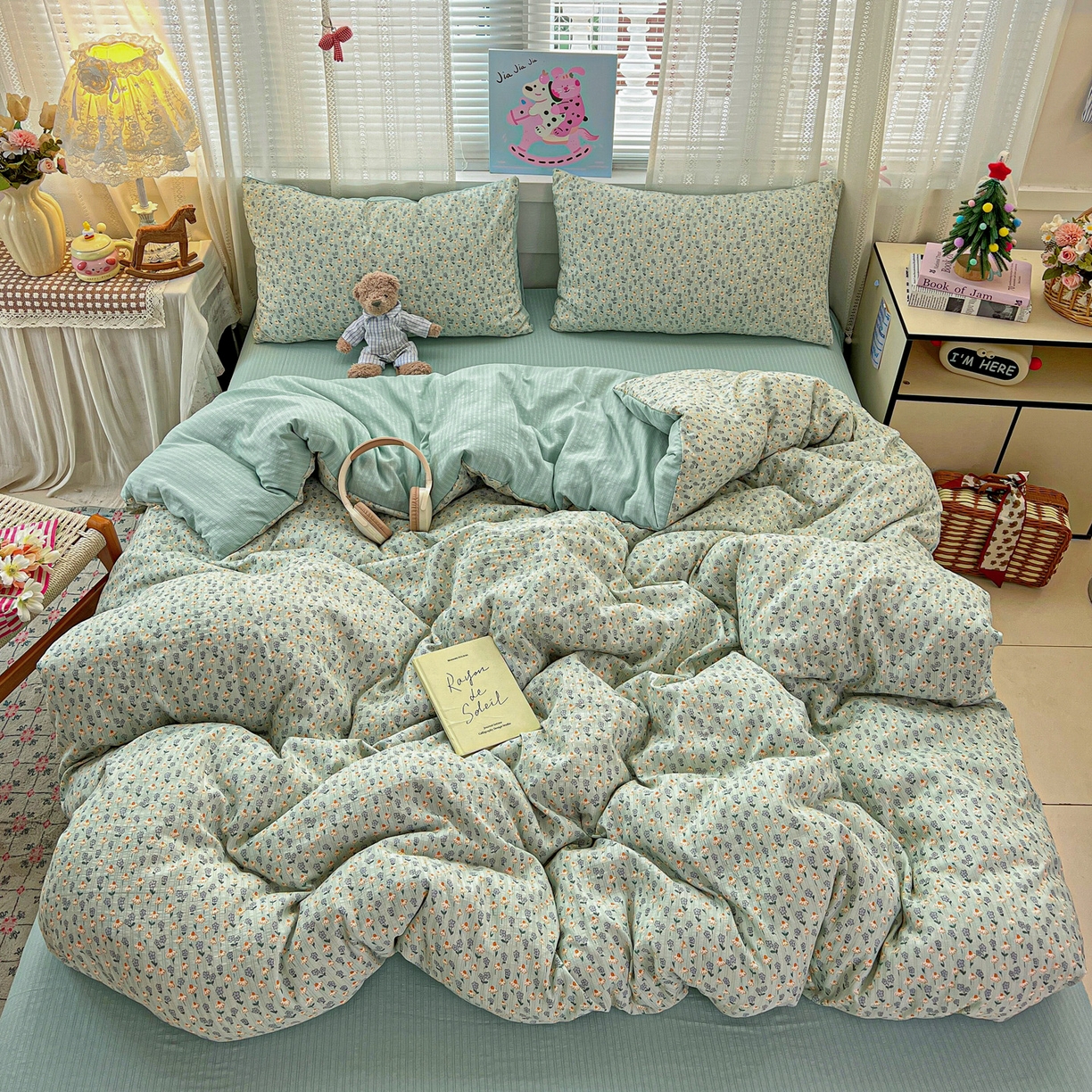 91家纺网 家纺一手货源 找家纺 王朝国际 2026新款A类彩竺棉印花四件套 奶蓝泡芙