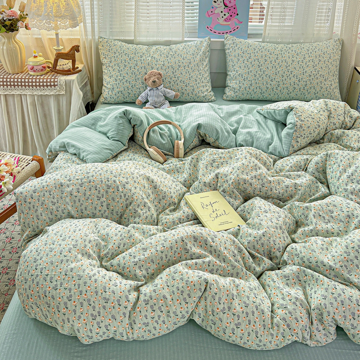 91家纺网 家纺一手货源 找家纺 王朝国际 2026新款A类彩竺棉印花四件套 奶蓝泡芙