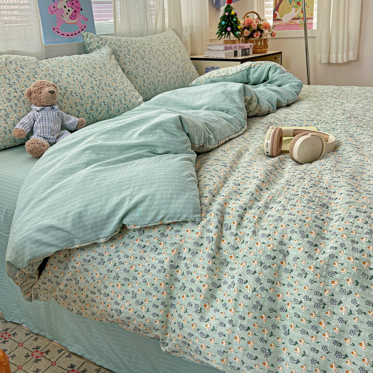 91家纺网 家纺一手货源 找家纺 王朝国际 2026新款A类彩竺棉印花四件套 奶蓝泡芙