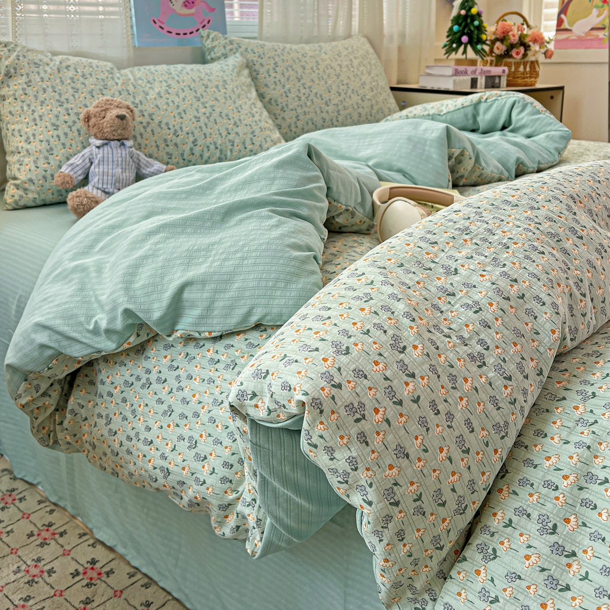 91家纺网 家纺一手货源 找家纺 王朝国际 2026新款A类彩竺棉印花四件套 奶蓝泡芙