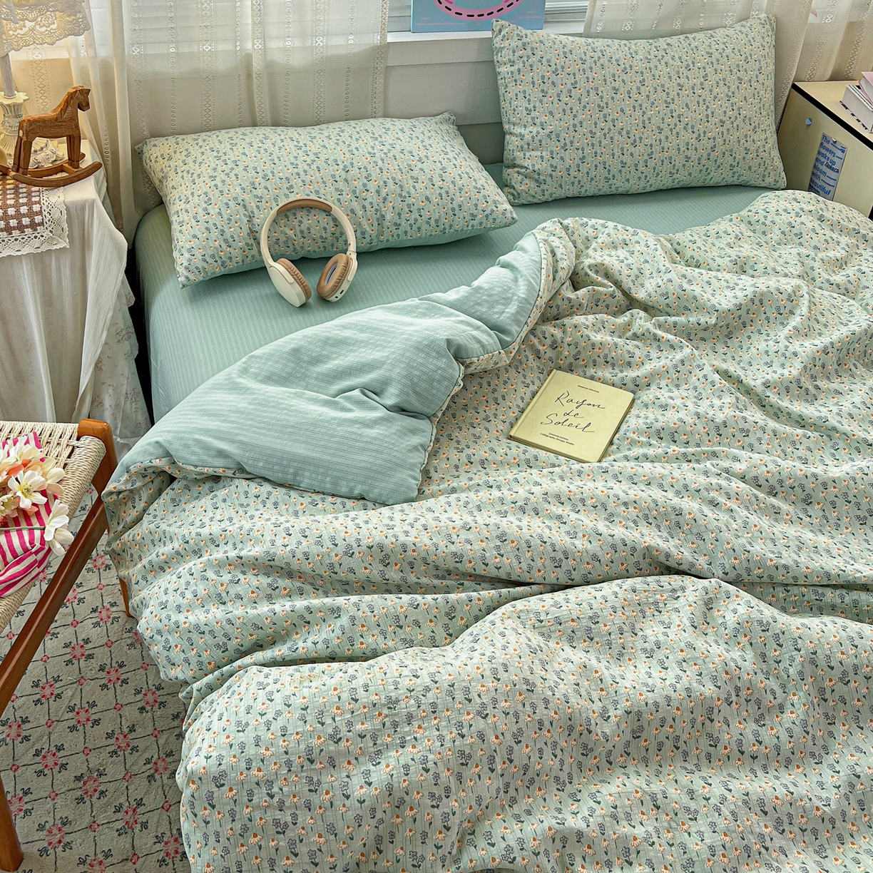 91家纺网 家纺一手货源 找家纺 王朝国际 2026新款A类彩竺棉印花四件套 奶蓝泡芙