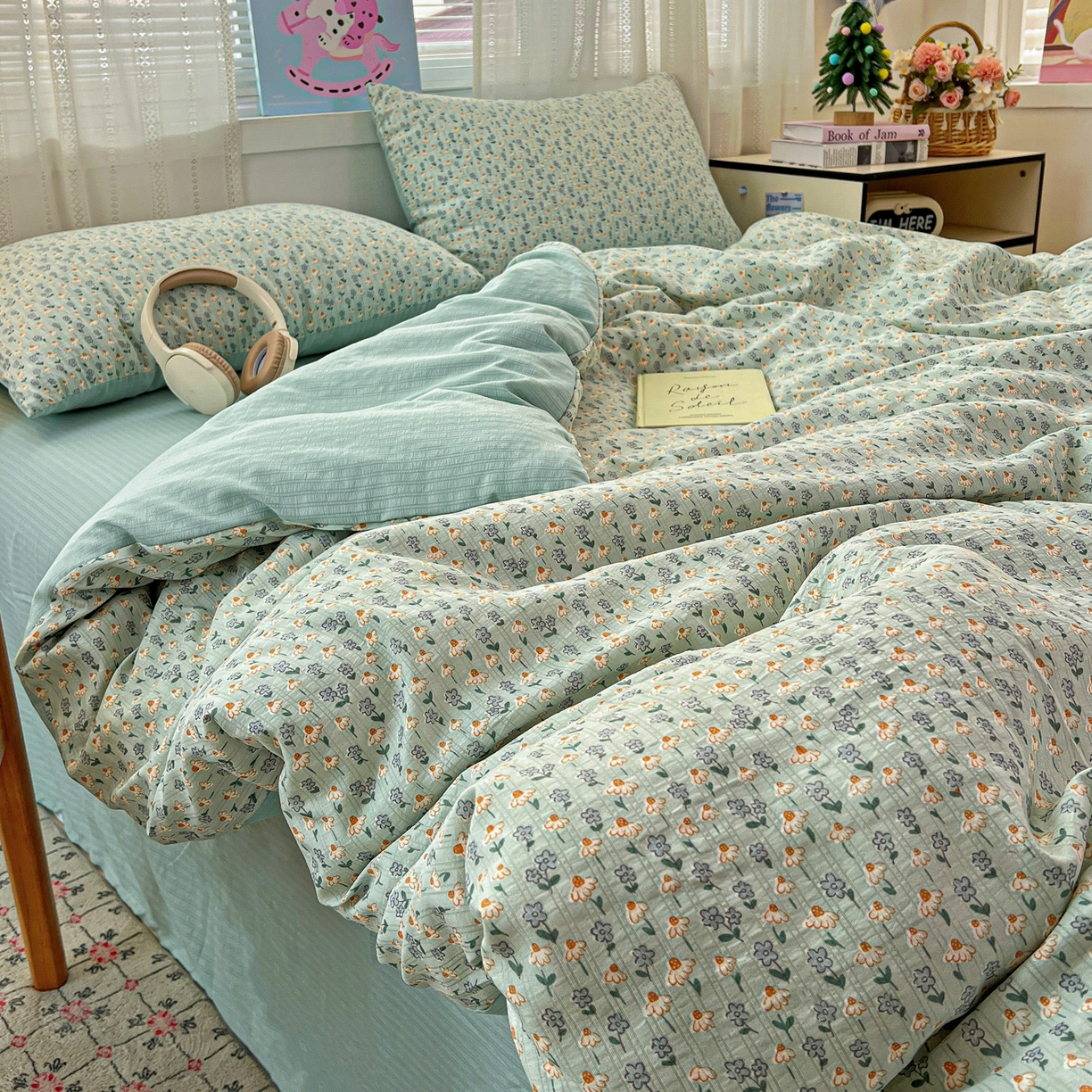 91家纺网 家纺一手货源 找家纺 王朝国际 2026新款A类彩竺棉印花四件套 奶蓝泡芙