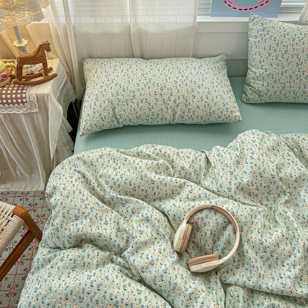 91家纺网 家纺一手货源 找家纺 王朝国际 2026新款A类彩竺棉印花四件套 奶蓝泡芙