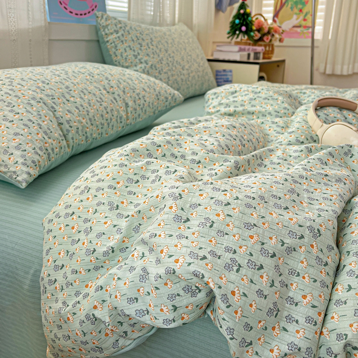 91家纺网 家纺一手货源 找家纺 王朝国际 2026新款A类彩竺棉印花四件套 奶蓝泡芙