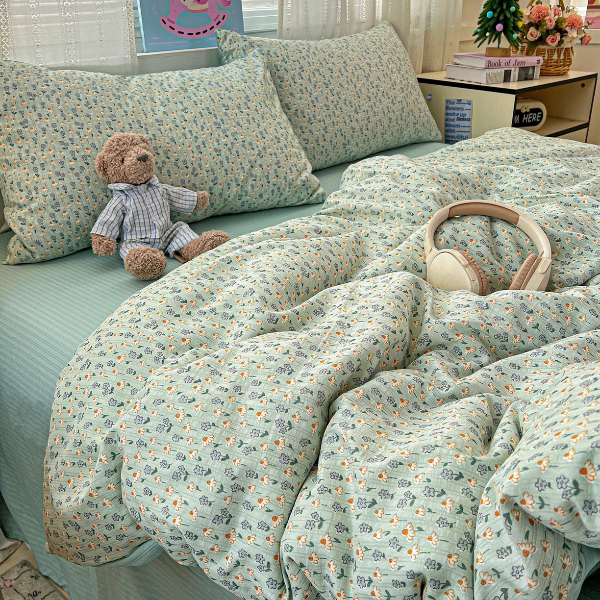 91家纺网 家纺一手货源 找家纺 王朝国际 2026新款A类彩竺棉印花四件套 奶蓝泡芙