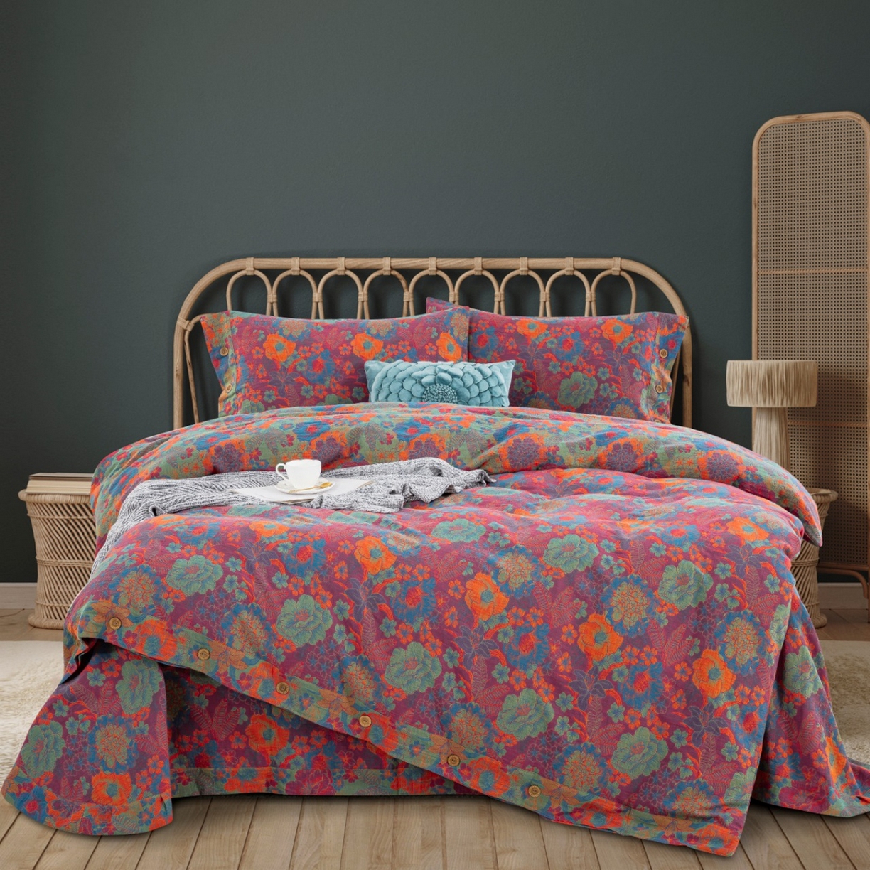 （总）双层纱家居 2026新款花语全棉纯棉色织提花双层纱纽扣款四件套