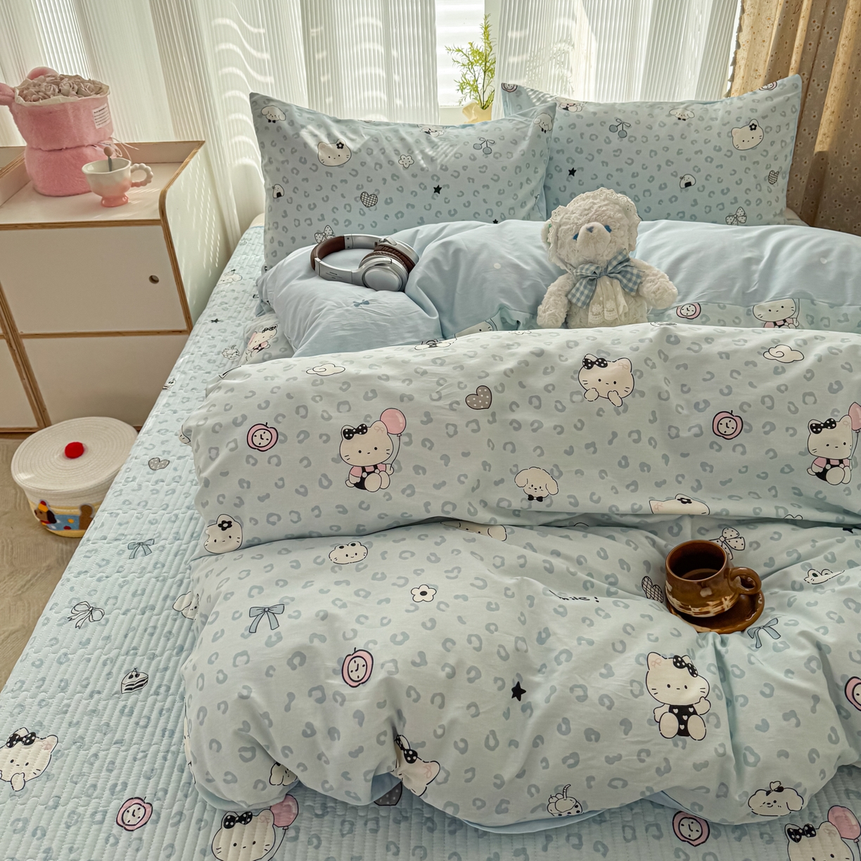 91家纺网 家纺一手货源 找家纺 KA家纺 2026春夏新款全棉床盖款卡通印花四件套 豹纹猫咪