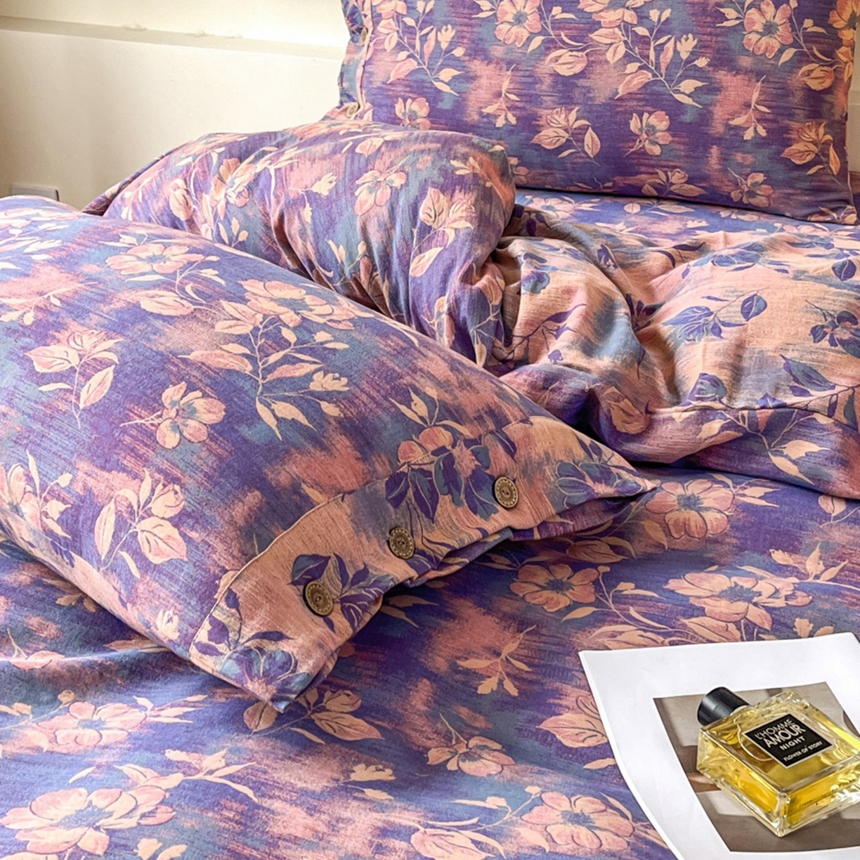 91家纺网 家纺一手货源 找家纺 （总）双层纱家居 2026新款花海全棉纯棉色织提花双层纱纽扣款四件套