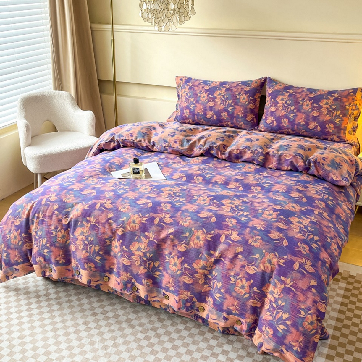 91家纺网 家纺一手货源 找家纺 （总）双层纱家居 2026新款花海全棉纯棉色织提花双层纱纽扣款四件套