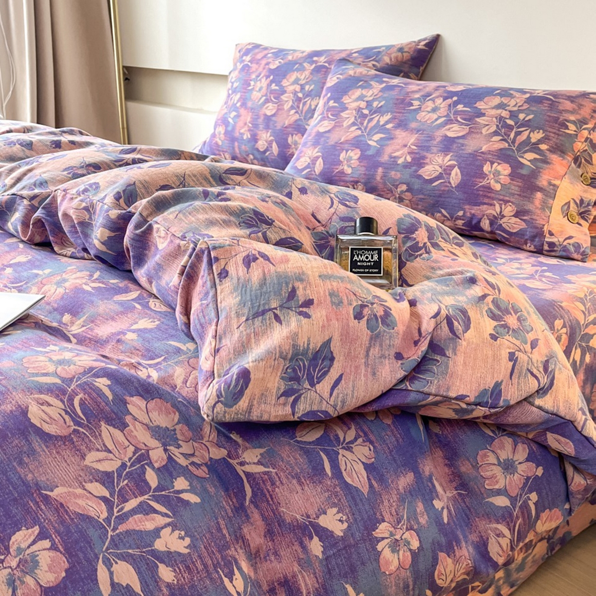 91家纺网 家纺一手货源 找家纺 （总）双层纱家居 2026新款花海全棉纯棉色织提花双层纱纽扣款四件套