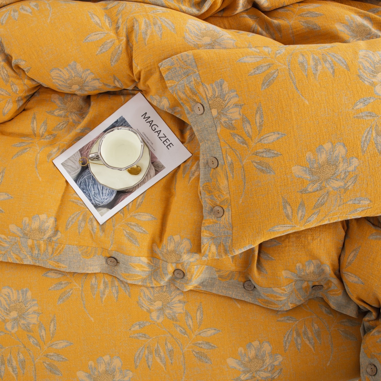 91家纺网 家纺一手货源 找家纺 双层纱家居 2026新款国色天香全棉纯棉色织提花纽扣款四件套 国色天香-黄