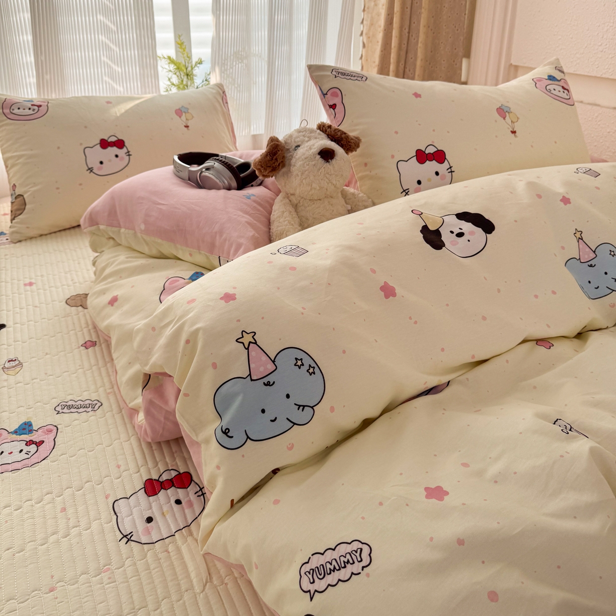91家纺网 家纺一手货源 找家纺 KA家纺 2026春夏新款全棉床盖款卡通印花四件套 爱心小猫