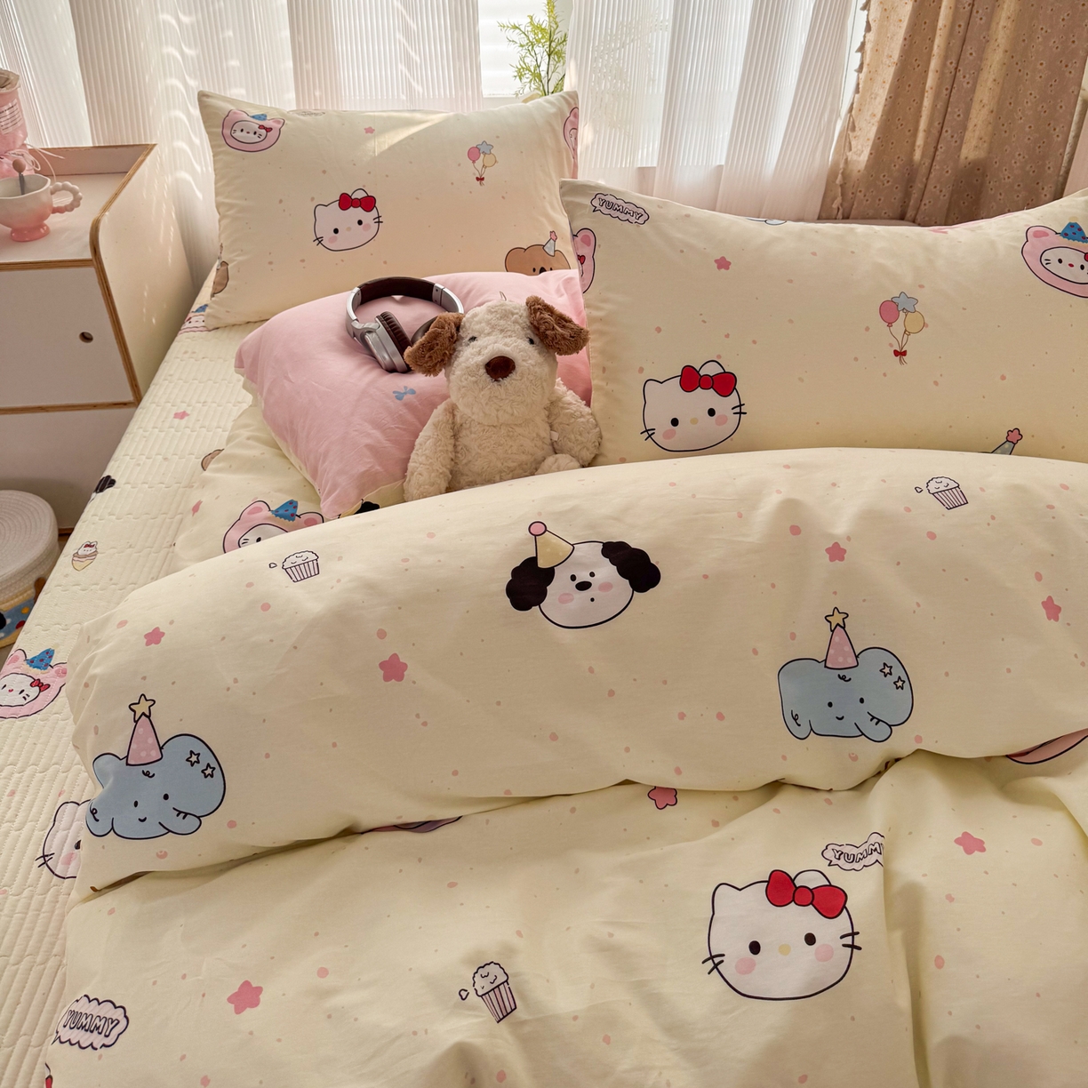 91家纺网 家纺一手货源 找家纺 KA家纺 2026春夏新款全棉床盖款卡通印花四件套 爱心小猫