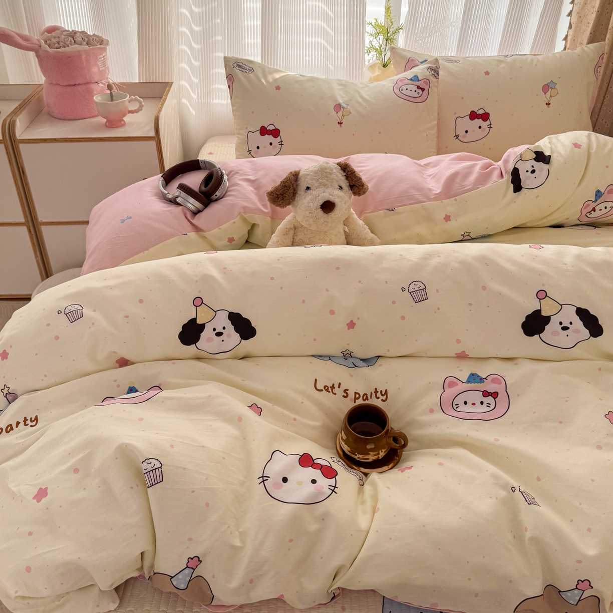 91家纺网 家纺一手货源 找家纺 KA家纺 2026春夏新款全棉床盖款卡通印花四件套 爱心小猫