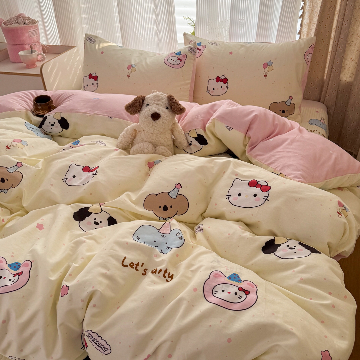 91家纺网 家纺一手货源 找家纺 KA家纺 2026春夏新款全棉床盖款卡通印花四件套 爱心小猫