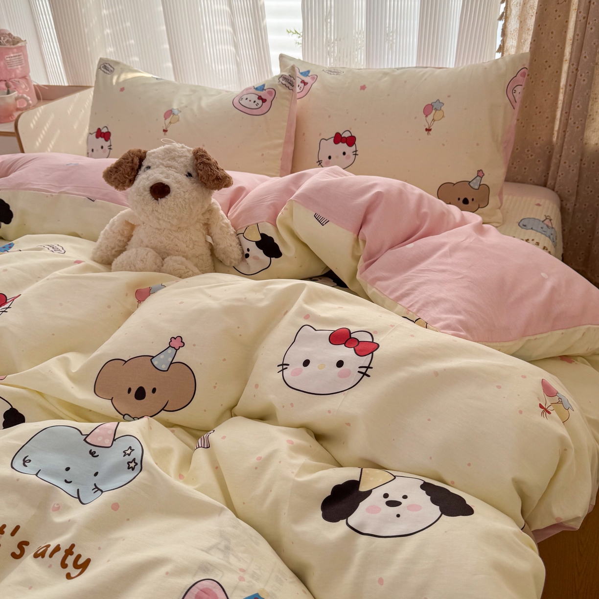 91家纺网 家纺一手货源 找家纺 KA家纺 2026春夏新款全棉床盖款卡通印花四件套 爱心小猫
