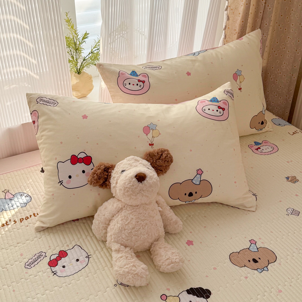 91家纺网 家纺一手货源 找家纺 KA家纺 2026春夏新款全棉床盖款卡通印花四件套 爱心小猫