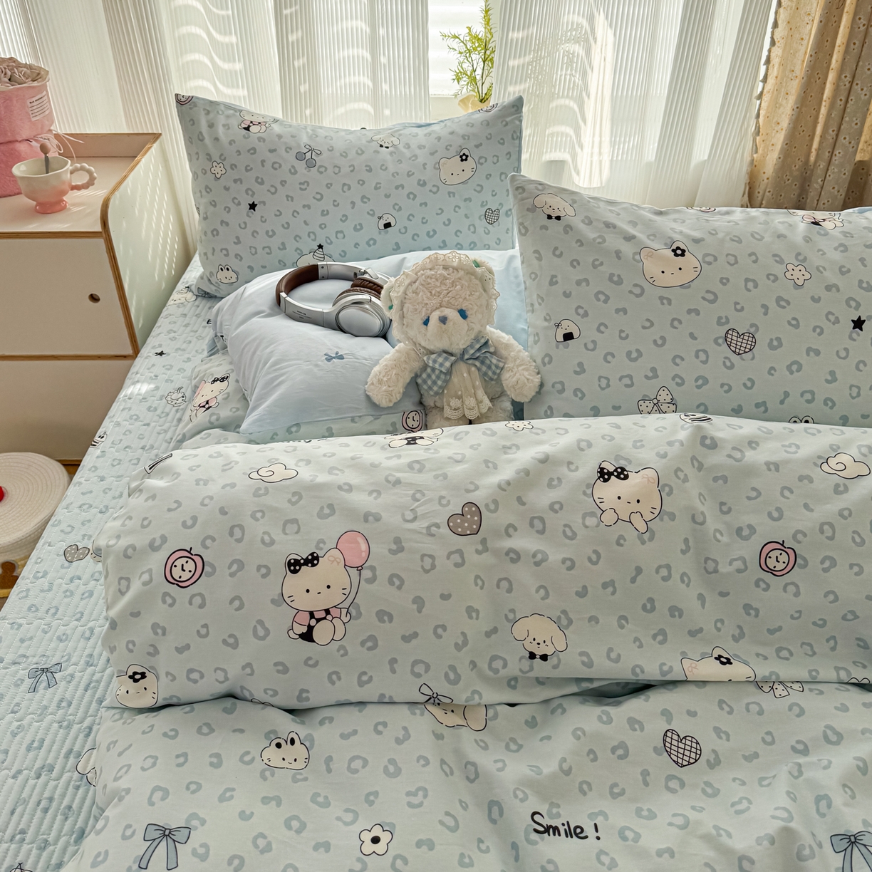 91家纺网 家纺一手货源 找家纺 KA家纺 2026春夏新款全棉床盖款卡通印花四件套 豹纹猫咪