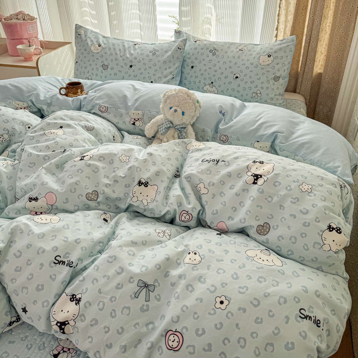 91家纺网 家纺一手货源 找家纺 KA家纺 2026春夏新款全棉床盖款卡通印花四件套 豹纹猫咪