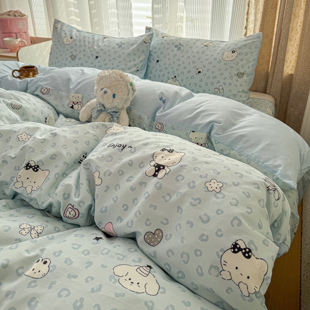 91家纺网 家纺一手货源 找家纺 KA家纺 2026春夏新款全棉床盖款卡通印花四件套 豹纹猫咪