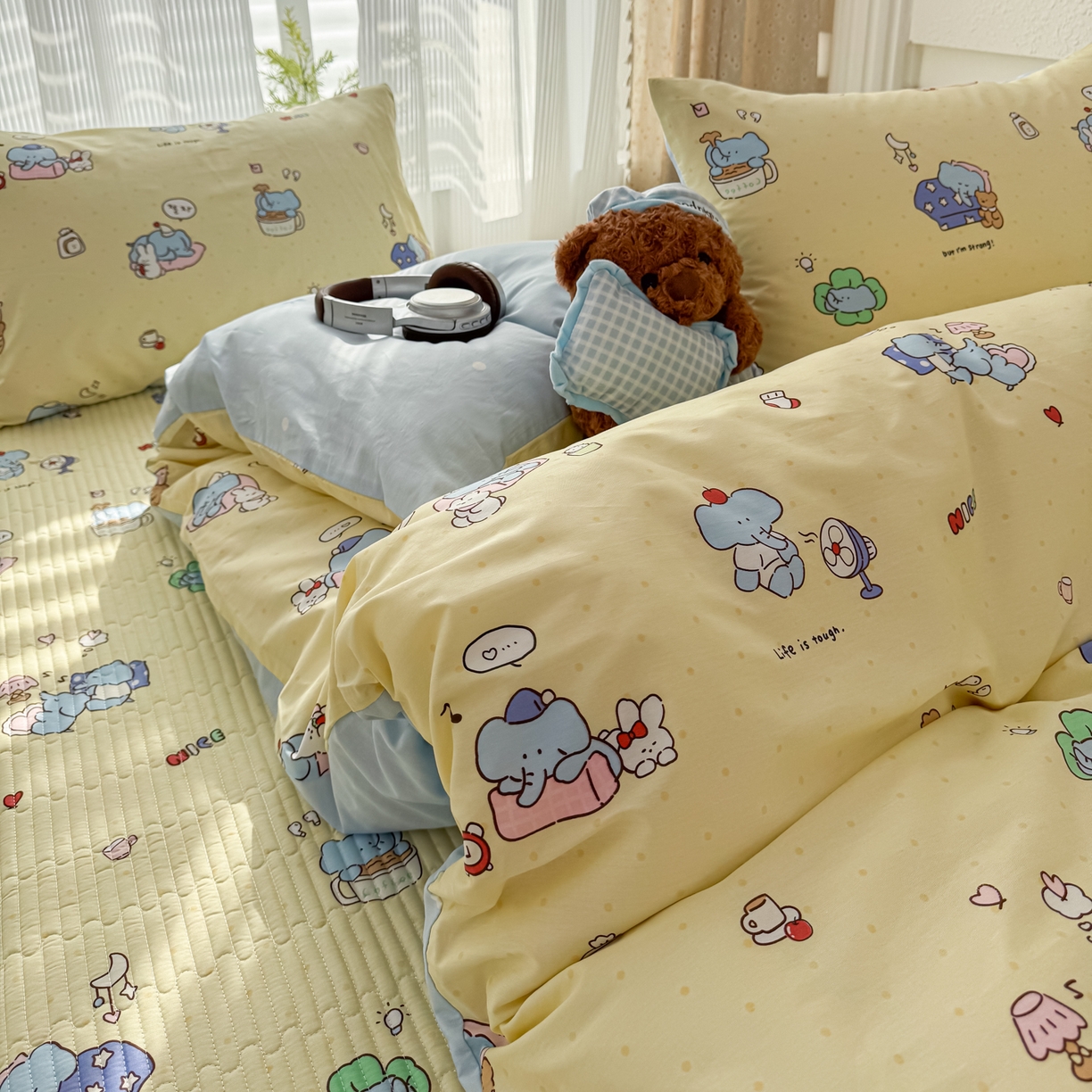 91家纺网 家纺一手货源 找家纺 KA家纺 2026春夏新款全棉床盖款卡通印花四件套 笨笨象