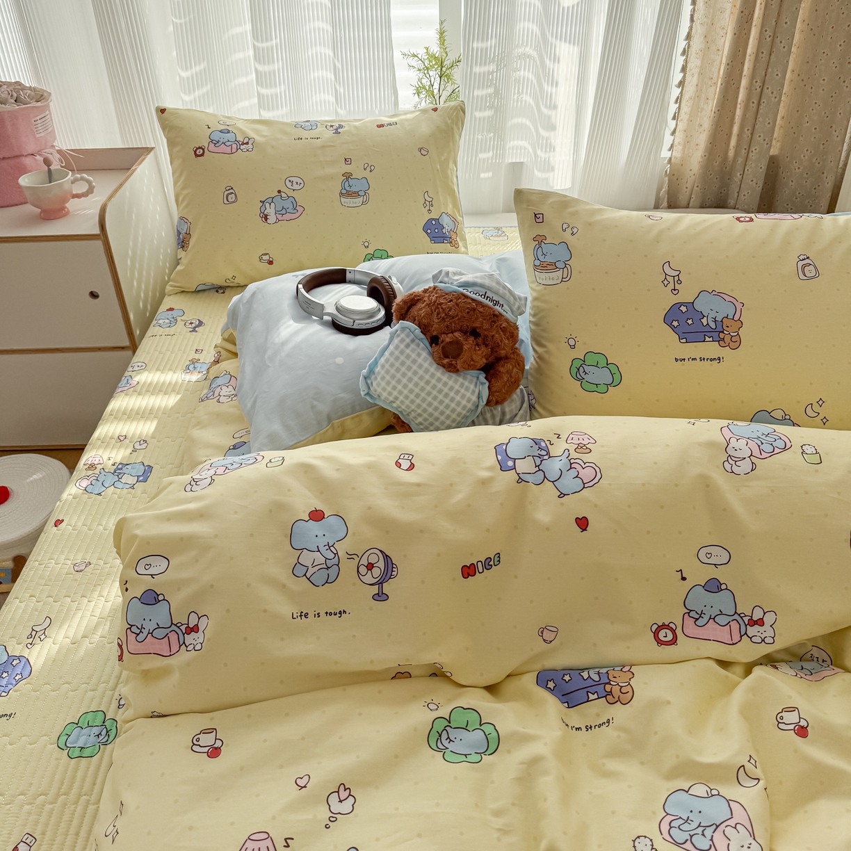 91家纺网 家纺一手货源 找家纺 KA家纺 2026春夏新款全棉床盖款卡通印花四件套 笨笨象