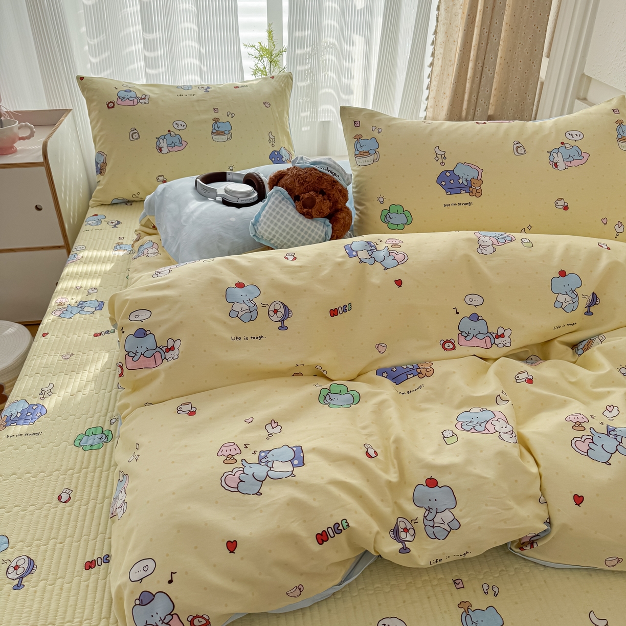 91家纺网 家纺一手货源 找家纺 KA家纺 2026春夏新款全棉床盖款卡通印花四件套 笨笨象