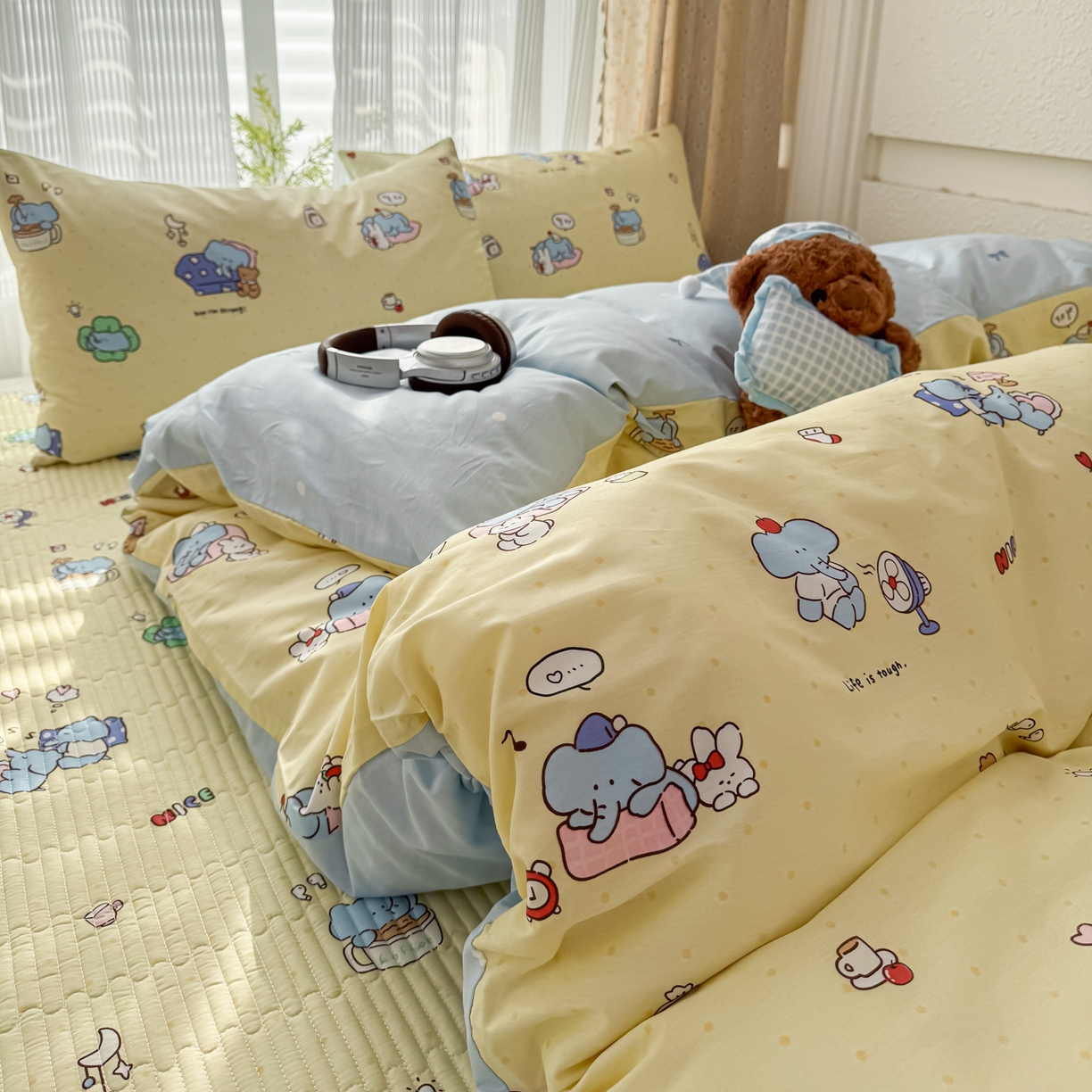 91家纺网 家纺一手货源 找家纺 KA家纺 2026春夏新款全棉床盖款卡通印花四件套 笨笨象