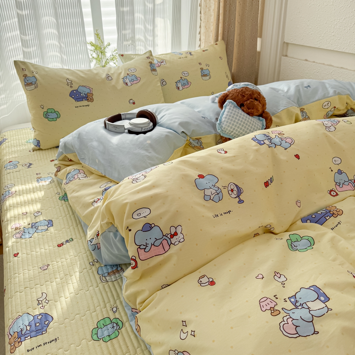 91家纺网 家纺一手货源 找家纺 KA家纺 2026春夏新款全棉床盖款卡通印花四件套 笨笨象