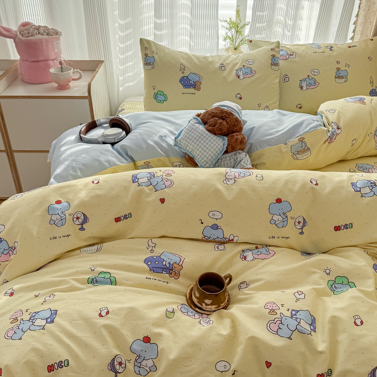 91家纺网 家纺一手货源 找家纺 KA家纺 2026春夏新款全棉床盖款卡通印花四件套 笨笨象