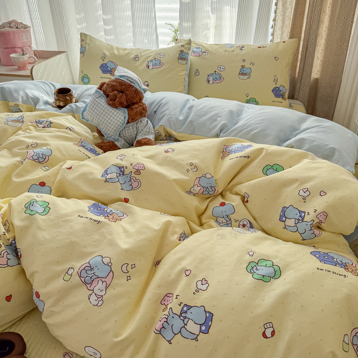 91家纺网 家纺一手货源 找家纺 KA家纺 2026春夏新款全棉床盖款卡通印花四件套 笨笨象