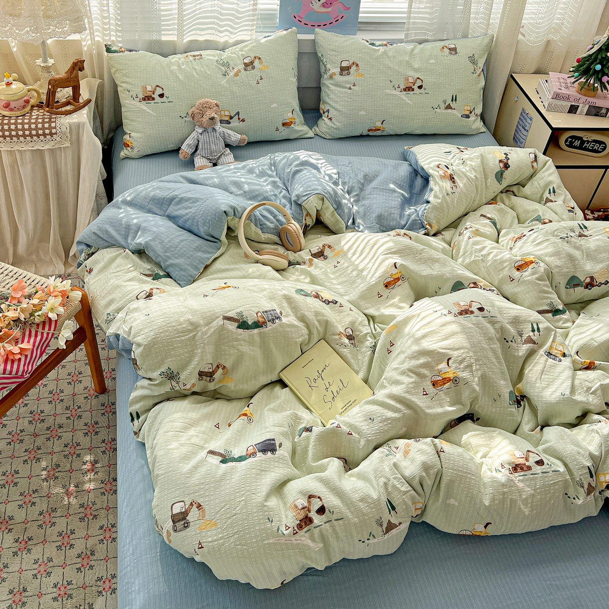 91家纺网 家纺一手货源 找家纺 王朝国际 2026新款A类彩竺棉印花四件套 挖掘机