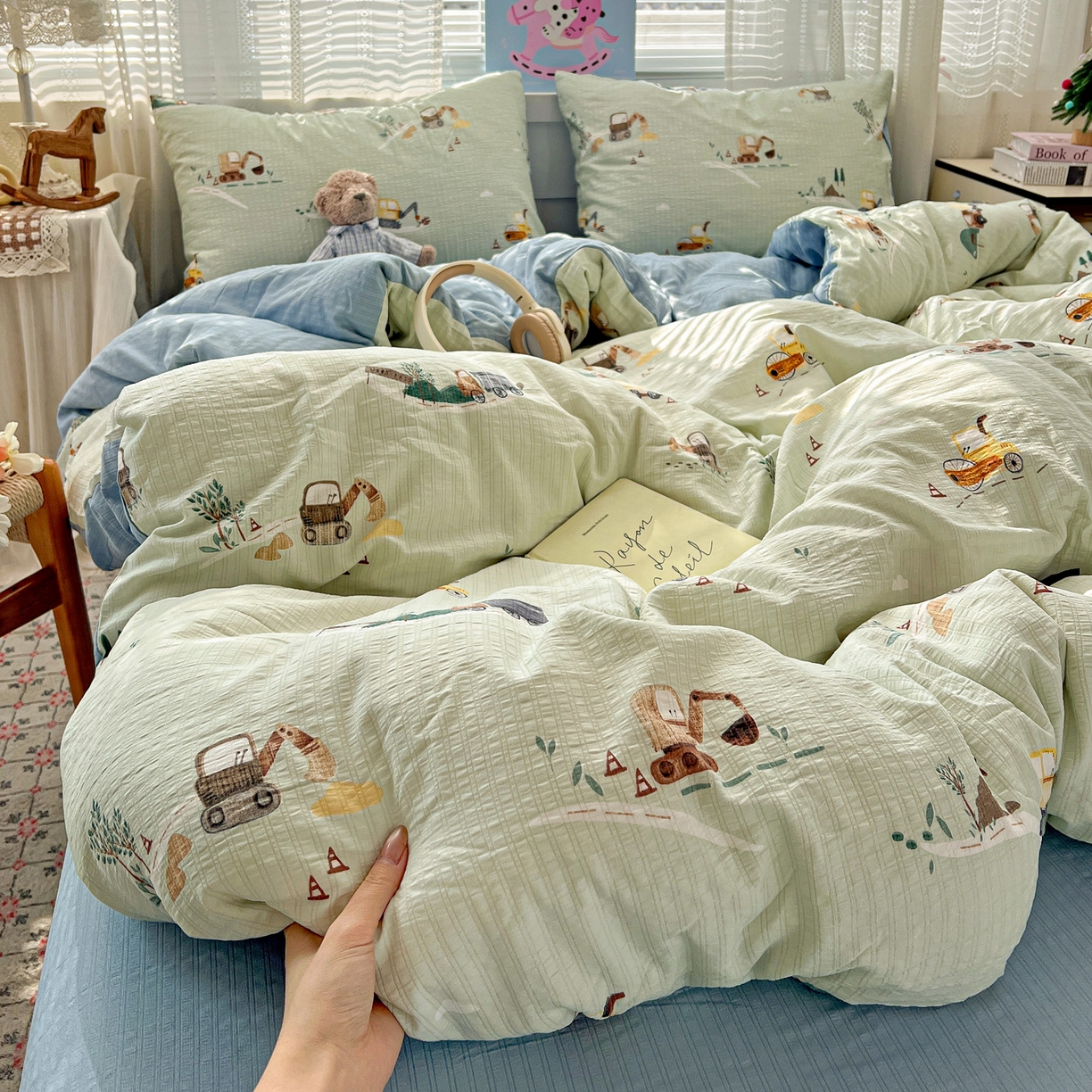 91家纺网 家纺一手货源 找家纺 王朝国际 2026新款A类彩竺棉印花四件套 挖掘机