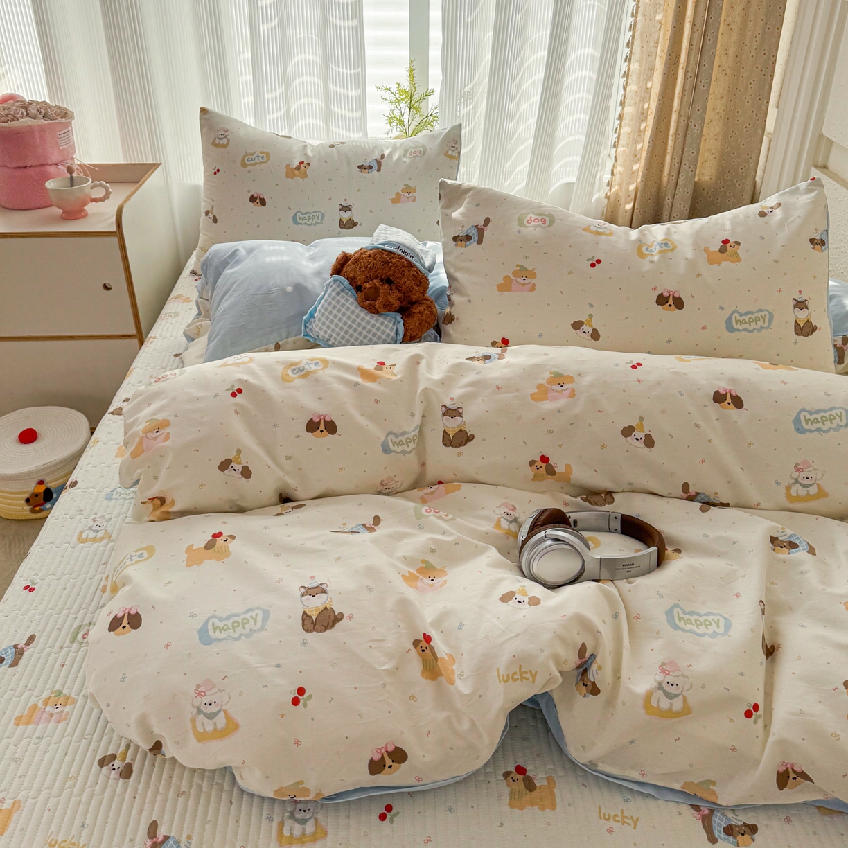 KA家纺 2026春夏新款全棉床盖款卡通印花四件套 春日萌宠