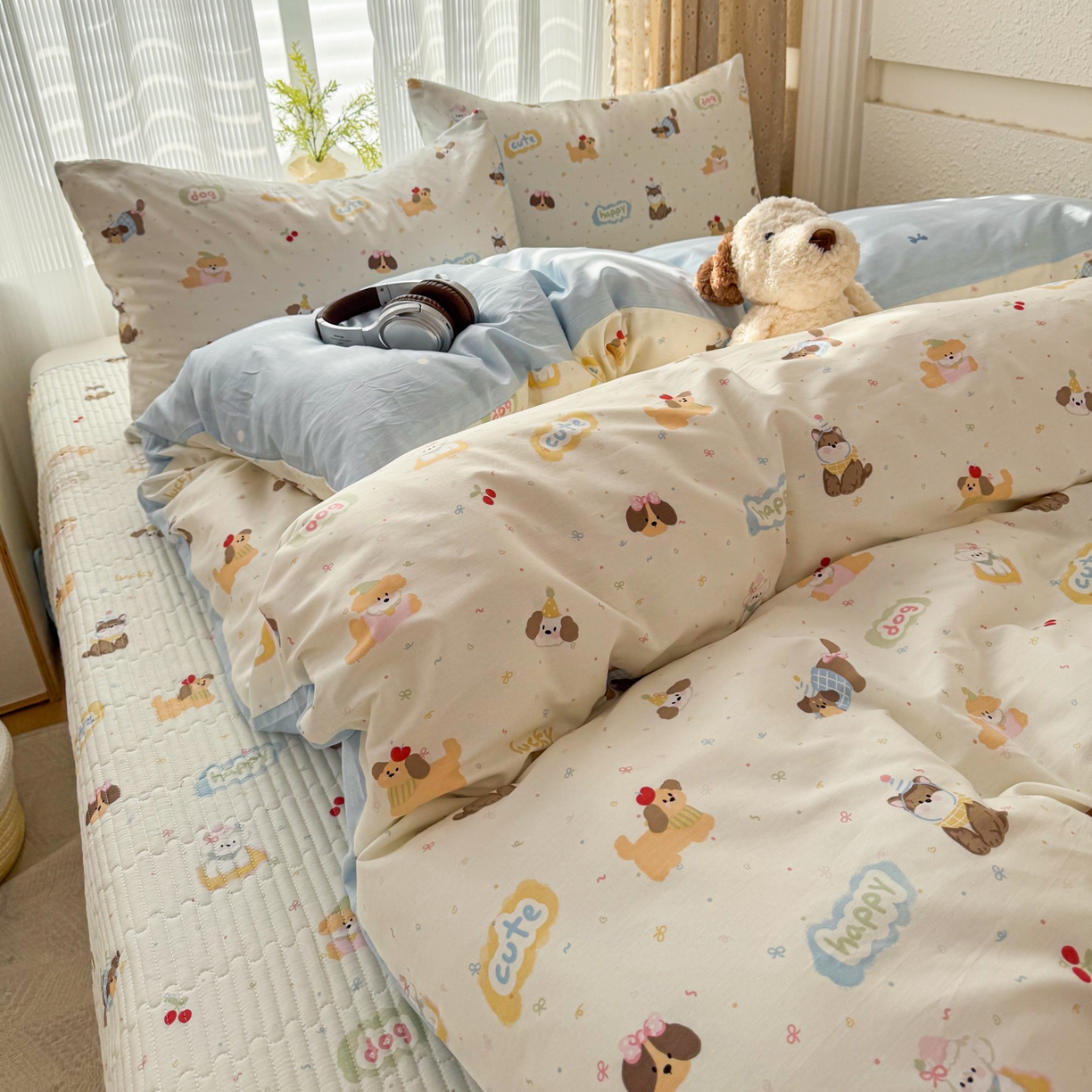 91家纺网 家纺一手货源 找家纺 KA家纺 2026春夏新款全棉床盖款卡通印花四件套 春日萌宠