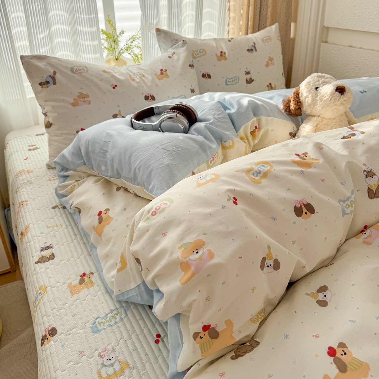 91家纺网 家纺一手货源 找家纺 KA家纺 2026春夏新款全棉床盖款卡通印花四件套 春日萌宠